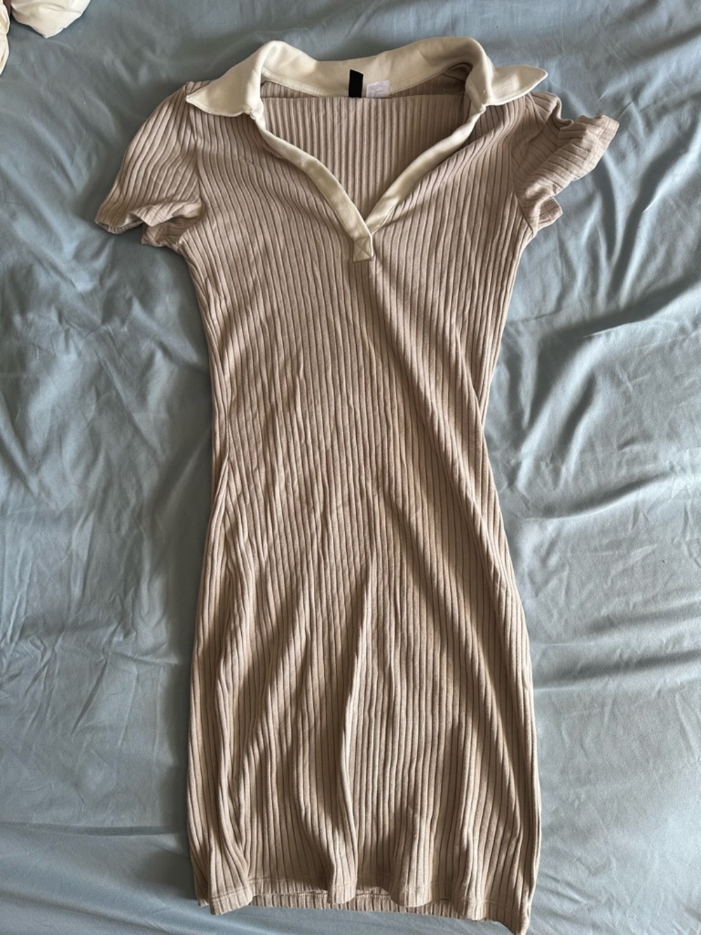 H&M Ribbed Polo Dress in Light Beige with Cream Collar